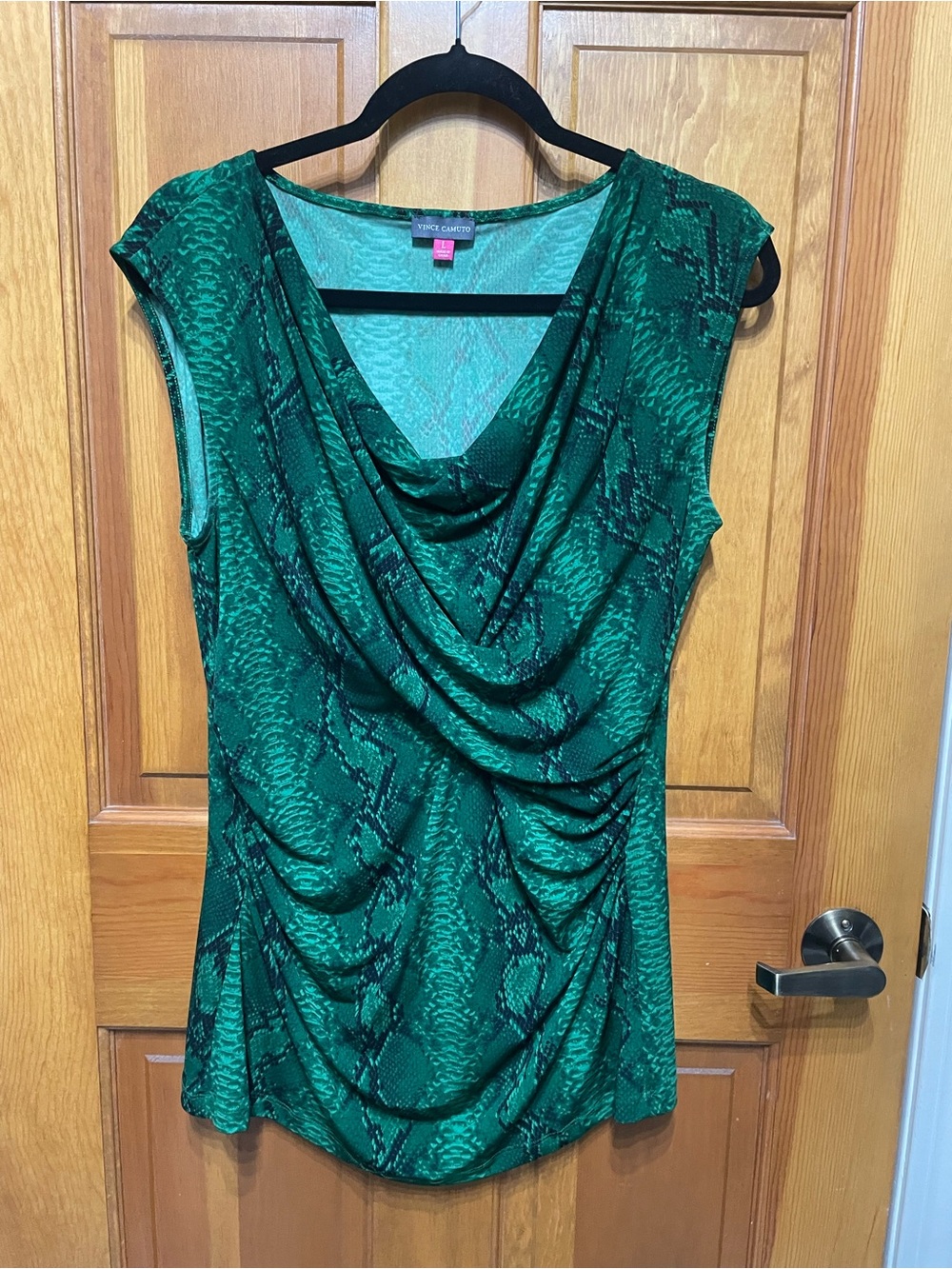 Vince Camuto Emerald Green Y2K Stretchy Snake-Print Draped Neck Top Fitted Large